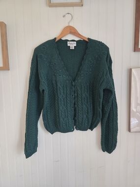 Vintage Wool Cotton Blend Dark Green Knit Button Cardigan Sweater Ruffle Hem
